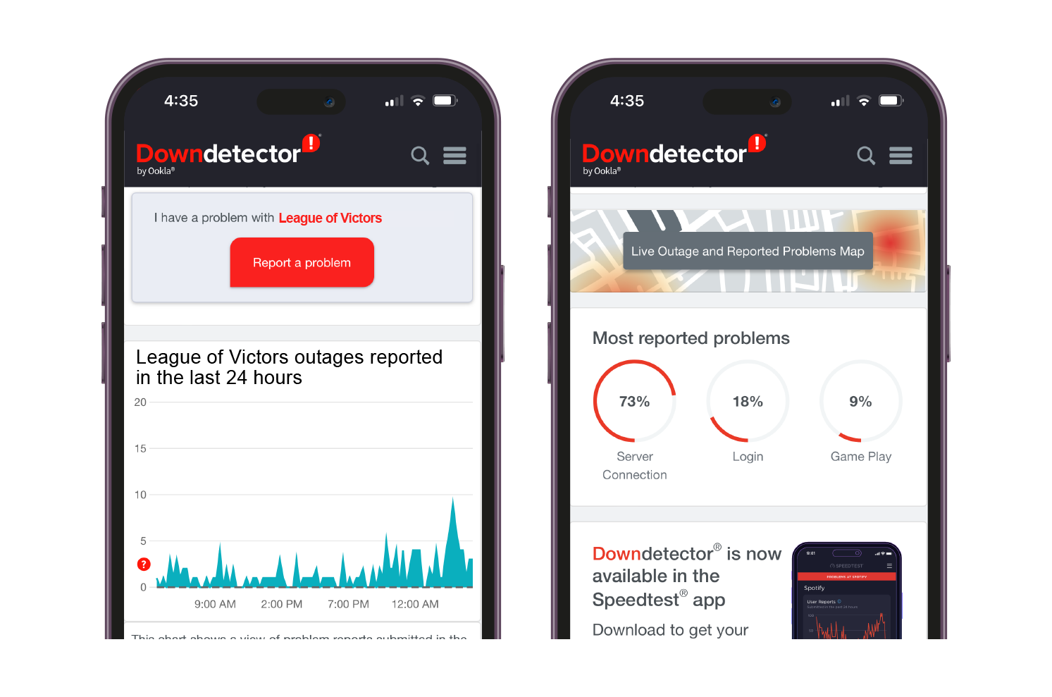 Screenshots of the Downdetector App
